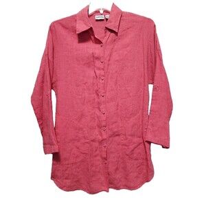 Chico's 100% Linen Red Roll-Tab Sleeve Button-Up Tunic with Pockets Size 1 MED